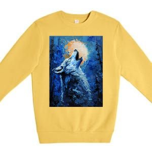 Howling Wolf Oil Painting Premium Crewneck Sweatshirt