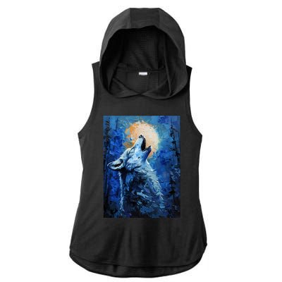 Howling Wolf Oil Painting Ladies PosiCharge Tri-Blend Wicking Draft Hoodie Tank