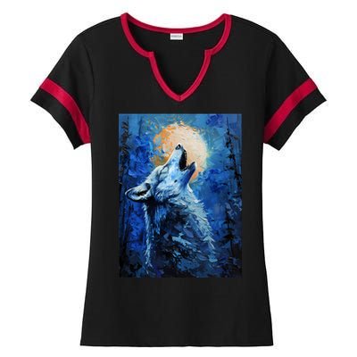 Howling Wolf Oil Painting Ladies Halftime Notch Neck Tee