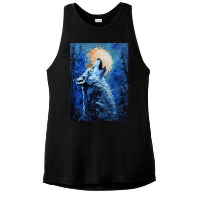 Howling Wolf Oil Painting Ladies PosiCharge Tri-Blend Wicking Tank