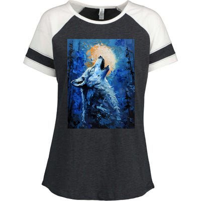 Howling Wolf Oil Painting Enza Ladies Jersey Colorblock Tee