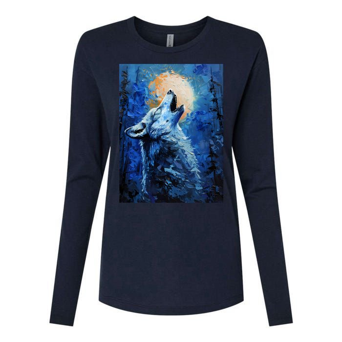 Howling Wolf Oil Painting Womens Cotton Relaxed Long Sleeve T-Shirt