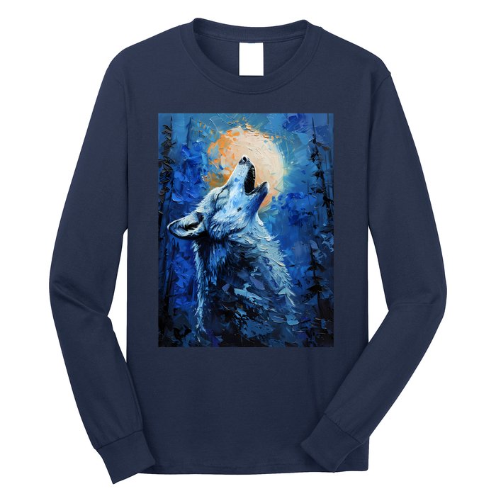 Howling Wolf Oil Painting Long Sleeve Shirt