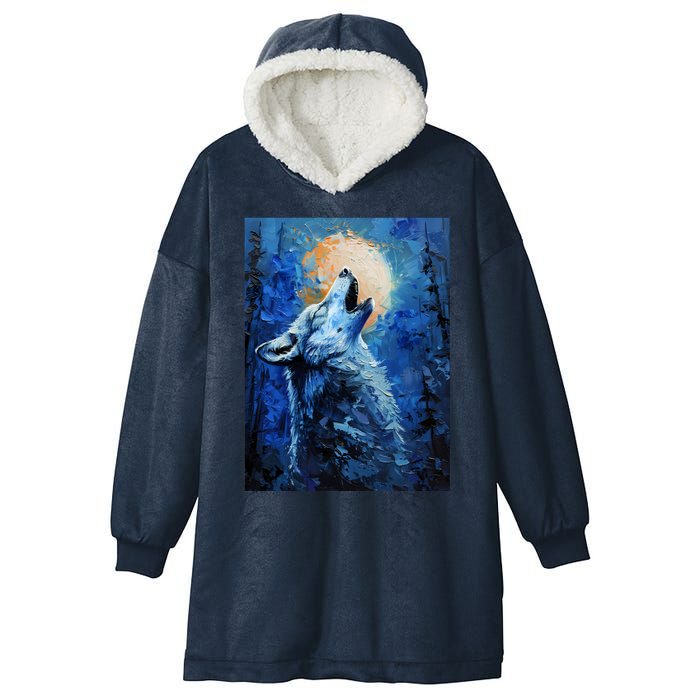 Howling Wolf Oil Painting Hooded Wearable Blanket