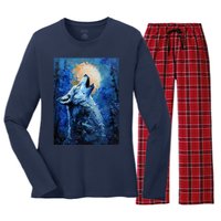 Howling Wolf Oil Painting Women's Long Sleeve Flannel Pajama Set 