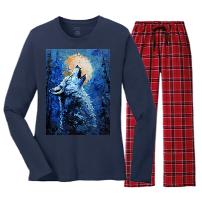 Howling Wolf Oil Painting Women's Long Sleeve Flannel Pajama Set 