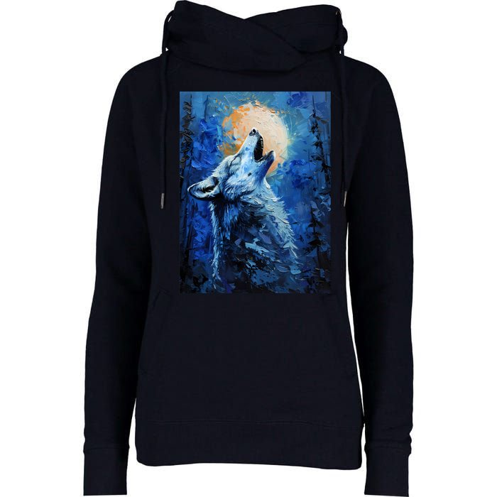 Howling Wolf Oil Painting Womens Funnel Neck Pullover Hood