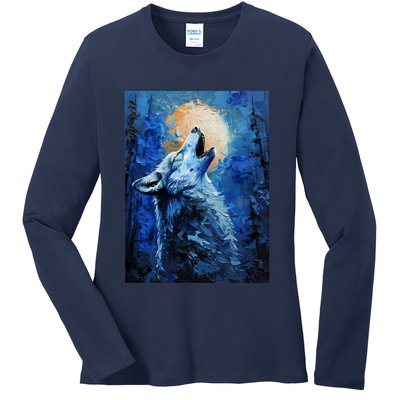 Howling Wolf Oil Painting Ladies Long Sleeve Shirt