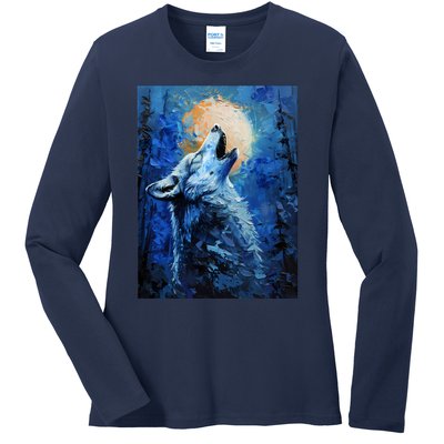 Howling Wolf Oil Painting Ladies Long Sleeve Shirt