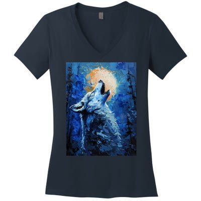 Howling Wolf Oil Painting Women's V-Neck T-Shirt