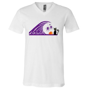 Halloween Wave Of Pruple Cats For Kamala Funny Trump V-Neck T-Shirt