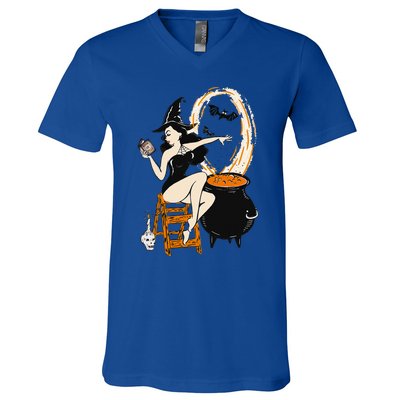 Halloween Witch Pin Up Vintage Retro V-Neck T-Shirt