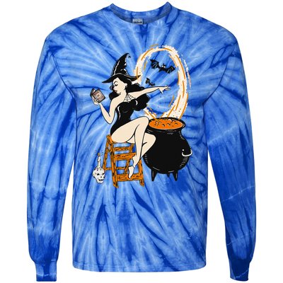 Halloween Witch Pin Up Vintage Retro Tie-Dye Long Sleeve Shirt