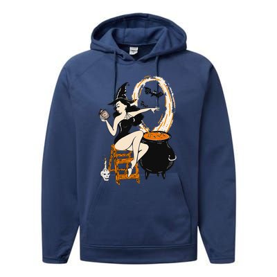 Halloween Witch Pin Up Vintage Retro Performance Fleece Hoodie