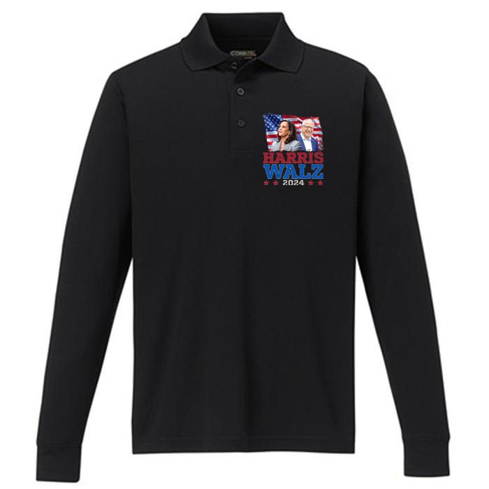 Harris Walz President Election 2024 Kamala Harris Tim Walz America Flag Design Performance Long Sleeve Polo