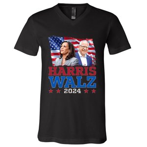 Harris Walz President Election 2024 Kamala Harris Tim Walz America Flag Design V-Neck T-Shirt