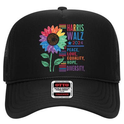 Harris Walz Peace Love Equality Hope Diversity Kamala 2024 High Crown Mesh Back Trucker Hat