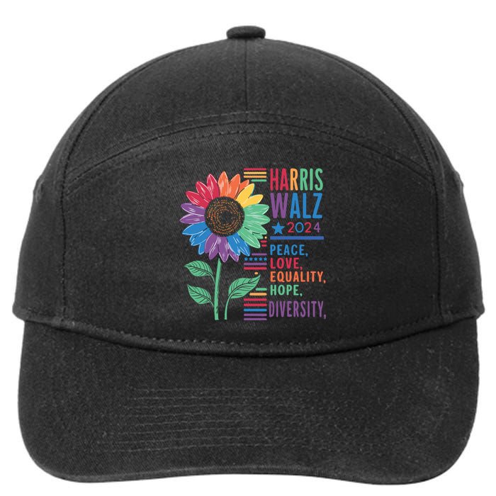 Harris Walz Peace Love Equality Hope Diversity Kamala 2024 7-Panel Snapback Hat