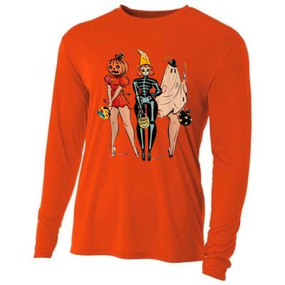 Halloween Witch Pin Up Retro Vintage Pumpkin Cooling Performance Long Sleeve Crew