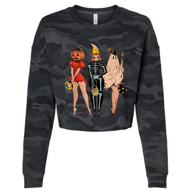 Halloween Witch Pin Up Retro Vintage Pumpkin Cropped Pullover Crew