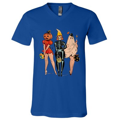 Halloween Witch Pin Up Retro Vintage Pumpkin V-Neck T-Shirt