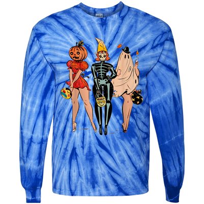 Halloween Witch Pin Up Retro Vintage Pumpkin Tie-Dye Long Sleeve Shirt