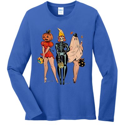 Halloween Witch Pin Up Retro Vintage Pumpkin Ladies Long Sleeve Shirt