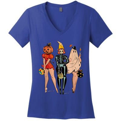 Halloween Witch Pin Up Retro Vintage Pumpkin Women's V-Neck T-Shirt