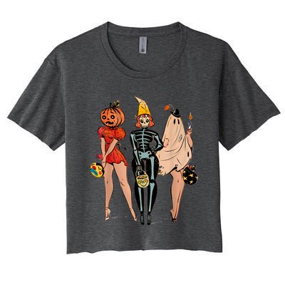 Halloween Witch Pin Up Retro Vintage Pumpkin Women's Crop Top Tee