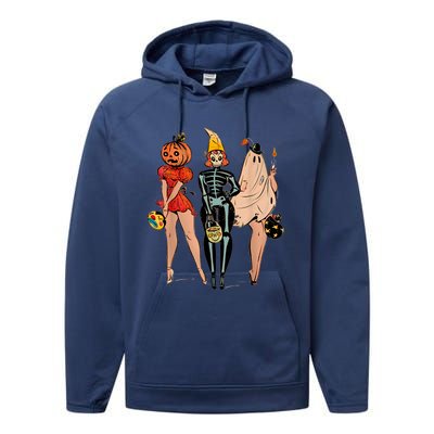 Halloween Witch Pin Up Retro Vintage Pumpkin Performance Fleece Hoodie