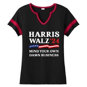 Harris Waltz President Election Patriotic 2024 Mind Your Own Damn Business Funny Ladies Halftime Notch Neck Tee