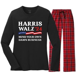 Harris Waltz President Election Patriotic 2024 Mind Your Own Damn Business Funny Women's Long Sleeve Flannel Pajama Set 