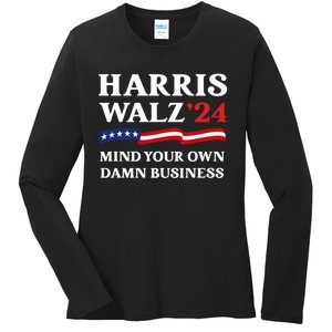 Harris Waltz President Election Patriotic 2024 Mind Your Own Damn Business Funny Ladies Long Sleeve Shirt