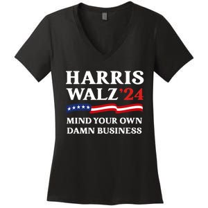 Harris Waltz President Election Patriotic 2024 Mind Your Own Damn Business Funny Women's V-Neck T-Shirt