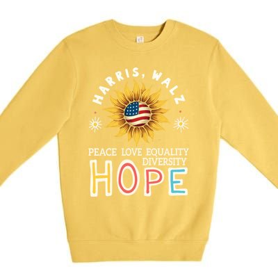 Harris Walz Peace Love Equality Diversity Hope Sunflower Gift Premium Crewneck Sweatshirt