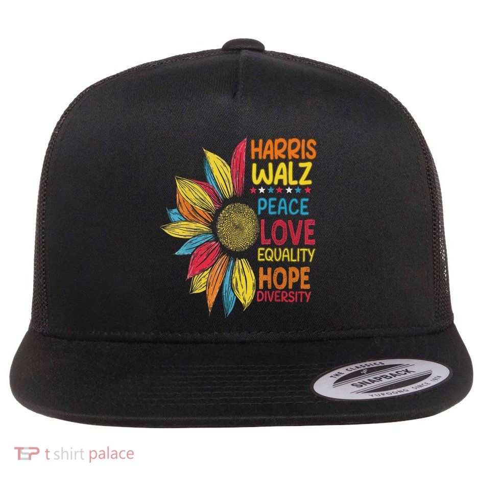 Harris Waltz Peace Love Equality Hope Diversity Flat Bill Trucker Hat