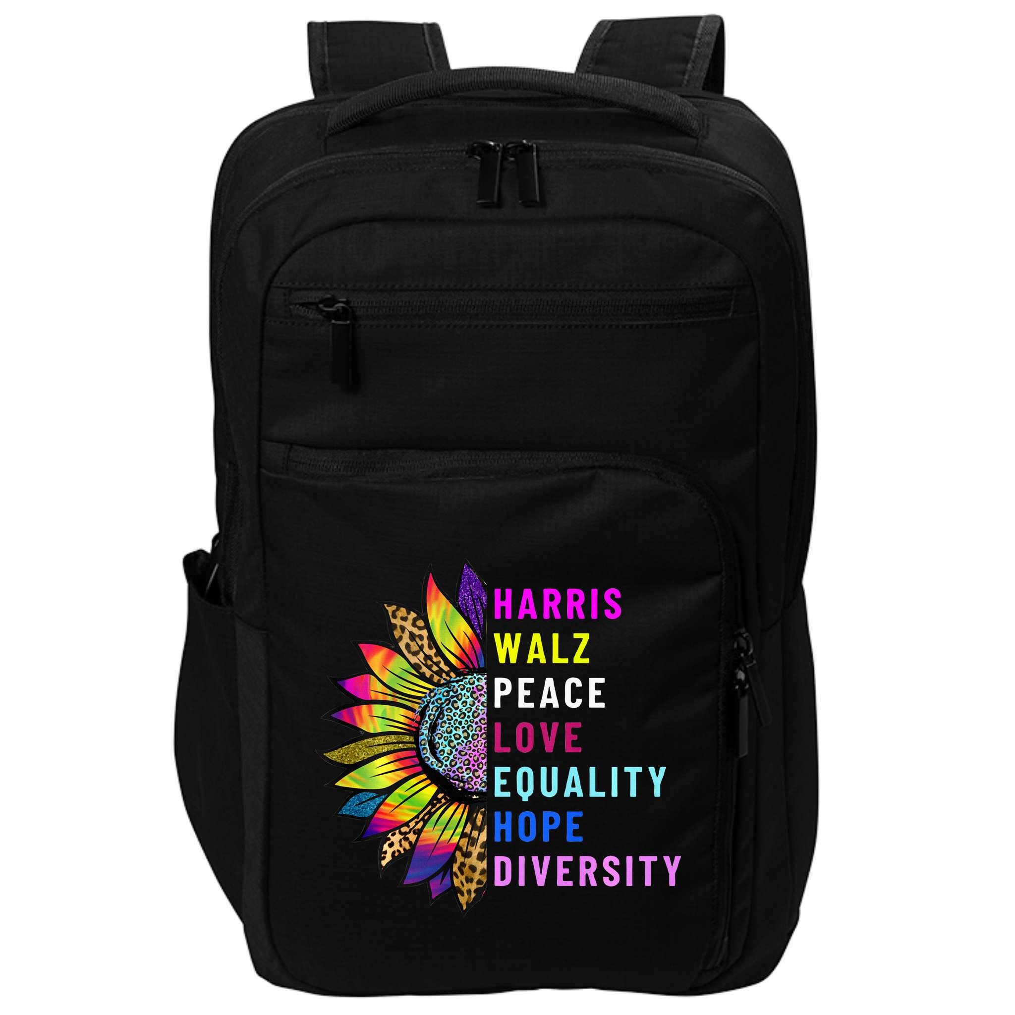 Harris Walz Peace Love Equality Hope Diversity Impact Tech Backpack
