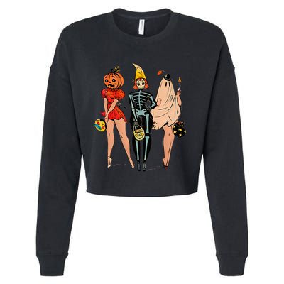 Halloween Witch Pin Up Retro Vintage Pumpkin Cropped Pullover Crew