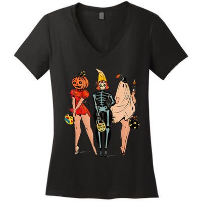 Halloween Witch Pin Up Retro Vintage Pumpkin Women's V-Neck T-Shirt