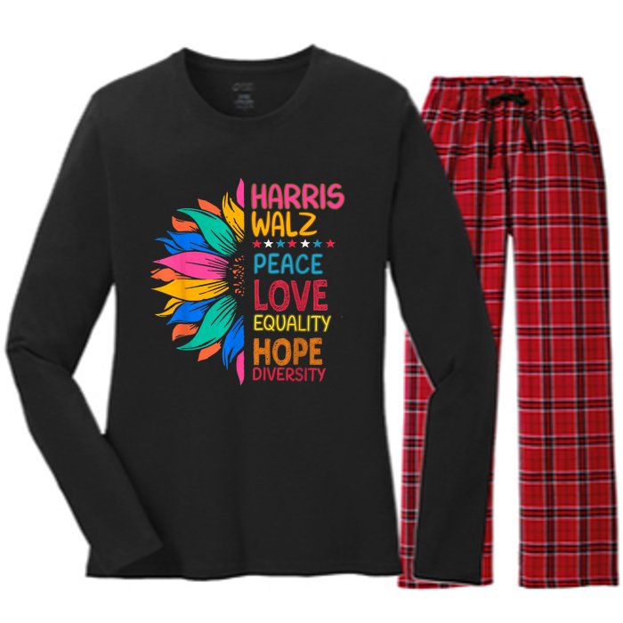 Harris Walz Peace Love Equality Hope Diversity Women's Long Sleeve Flannel Pajama Set 