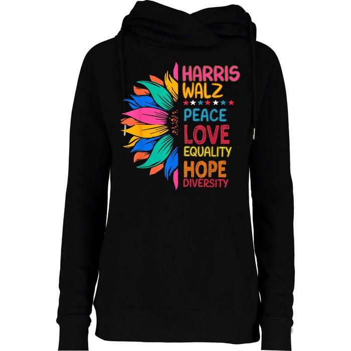 Harris Walz Peace Love Equality Hope Diversity Womens Funnel Neck Pullover Hood