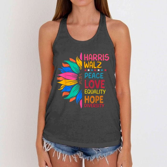 Harris Walz Peace Love Equality Hope Diversity Women's Knotted Racerback Tank