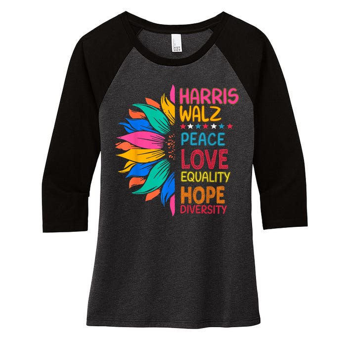 Harris Walz Peace Love Equality Hope Diversity Women's Tri-Blend 3/4-Sleeve Raglan Shirt