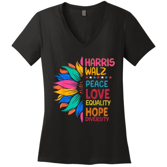 Harris Walz Peace Love Equality Hope Diversity Women's V-Neck T-Shirt