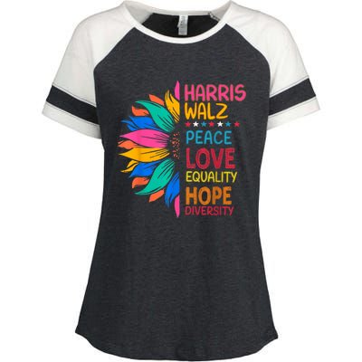 Harris Walz Peace Love Equality Hope Diversity Enza Ladies Jersey Colorblock Tee