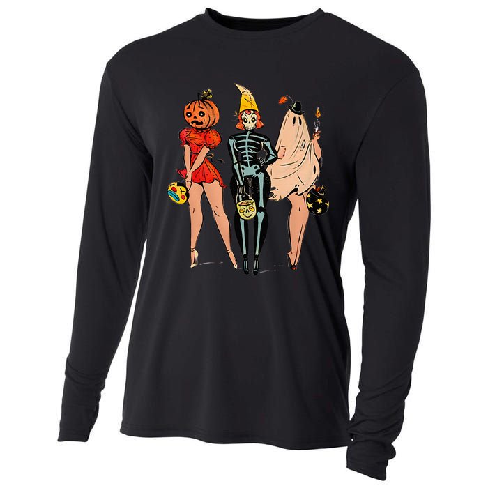 Halloween Witch Pin Up Retro Vintage Pumpkin Women Cooling Performance Long Sleeve Crew