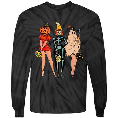 Halloween Witch Pin Up Retro Vintage Pumpkin Women Tie-Dye Long Sleeve Shirt