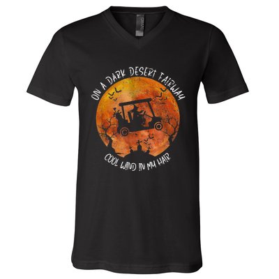 Halloween Witch Riding Golf Cart On A Dark Desert Fairway V-Neck T-Shirt