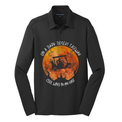 Halloween Witch Riding Golf Cart On A Dark Desert Fairway Silk Touch Performance Long Sleeve Polo