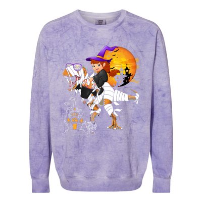 Halloween Witch Riding Mummy TRex Matching TRex Lover Gift Colorblast Crewneck Sweatshirt